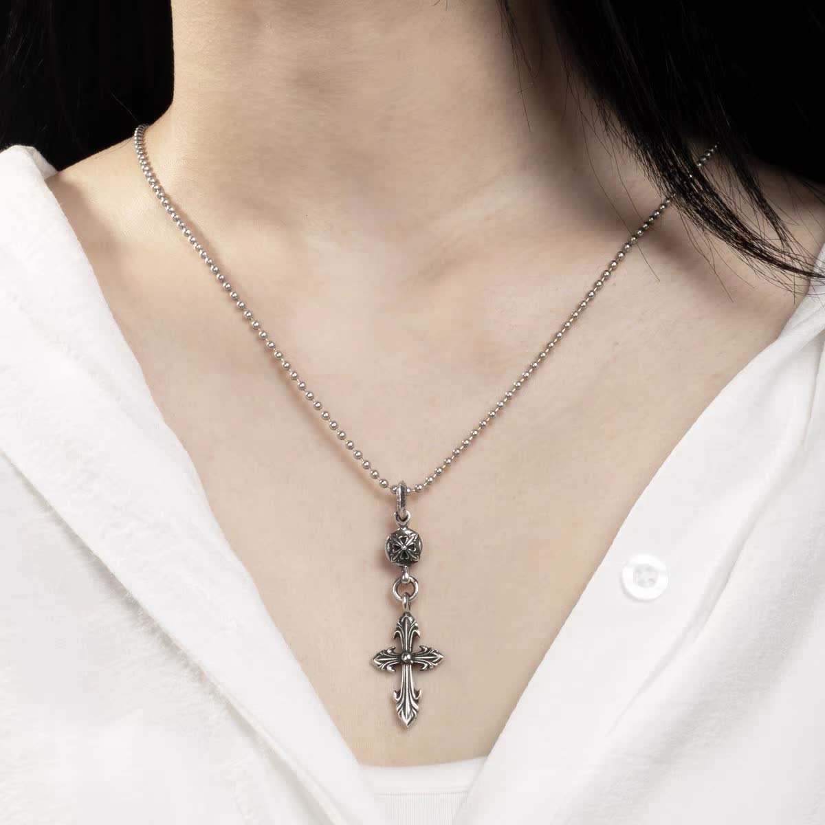 Chrome Hearts Gothic Silver Cross and Fleur-de-lis Round Ball Pendant Necklace